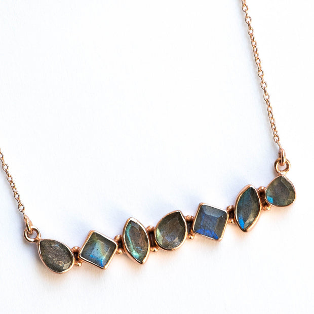 Simone Watson Jewellery - This unique necklace features an array of semi precious Labradorite stones, set in a bar style and handmade in sterling silver and 14 carat rose gold plating