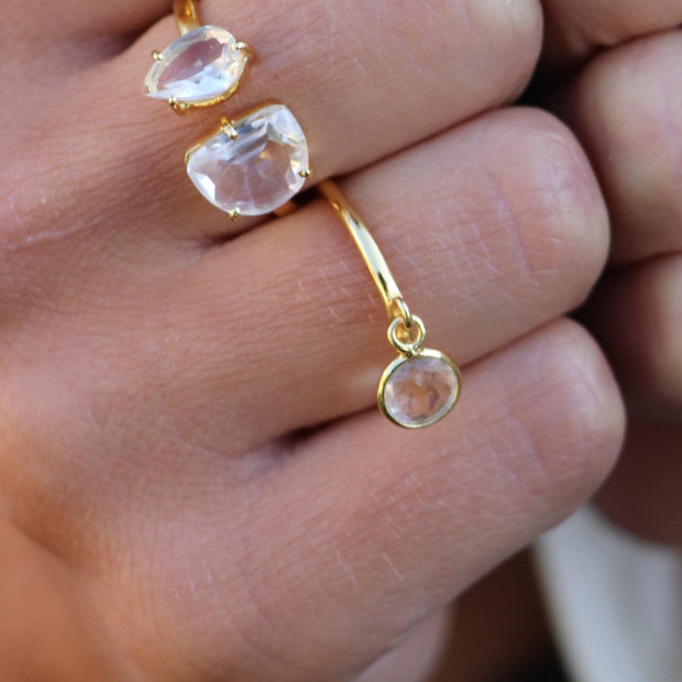 Simone Watson Jewellery - This is the perfect stacking ring addition featuring a round Crystal Quartz stone charm set on a smooth gold-plated band. Have fun with this ring by stacking many together or add to other ring stacks