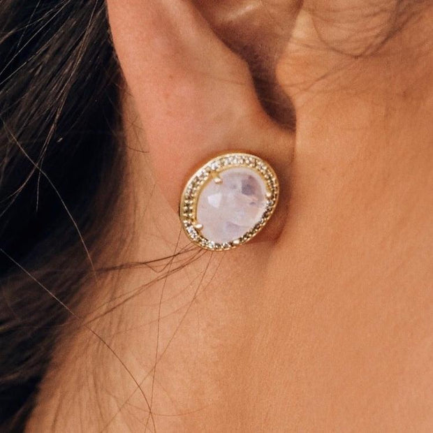 Simone Watson jewellery - A pair of Rainbow Moonstone semi-precious stones surrounded by a halo of pave set cubic zirconias - adding a subtle touch of magic to your day or night look