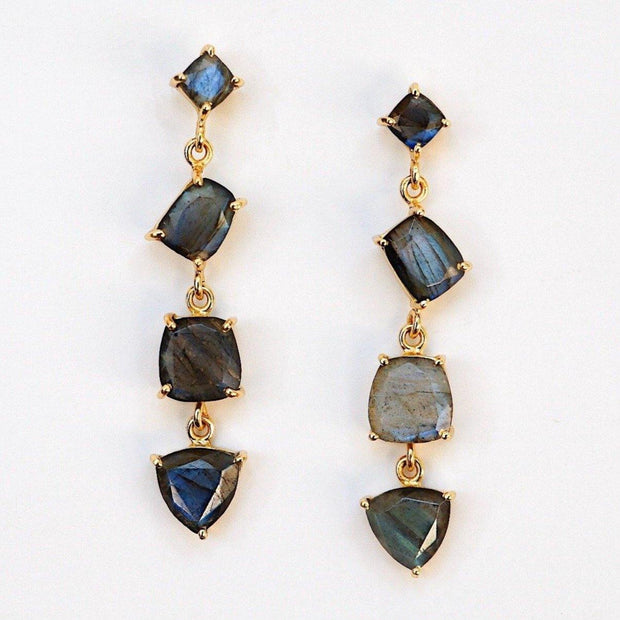 Simone Watson Jewellery Collection: Beautiful and bold - these stunning cascade drop earrings are handmade in sterling silver and plated with thick 14 carat yellow gold, featuring four Labradorite semi precious gemstones