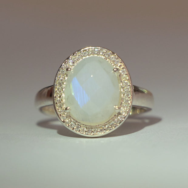 Silver Moonstone Halo Ring - Simone Watson Jewellery