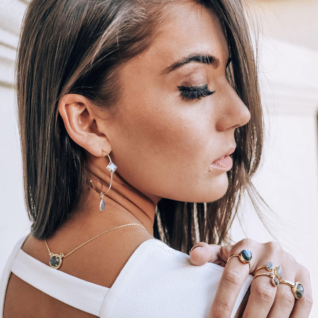 Simone Watson Jewellery - These unique hoop earrings are handmade in sterling silver and plated in 14 carat gold, featuring gorgeous Labradorite semi-precious stones