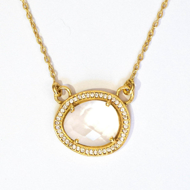 This beautiful pendant features a rose cut Crystal Quartz stone surrounded by a halo of pave set cubic zirconias. Set on a dainty adjustable 14 carat gold plated chain