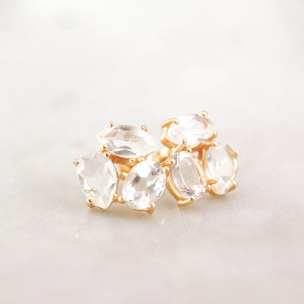 A pair of cluster studs featuring semi-precious Crystal Quartz stones. Wear these day or night to add a subtle touch of glamour to your look 