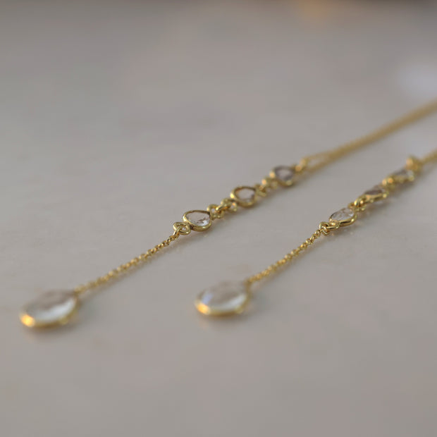 Dainty and elegant lariat necklaces feature four pear shaped gemstones in this design. Available in the semi-precious gemstone Crystal Quartz