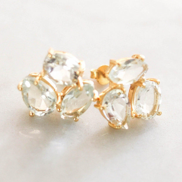A pair of Green Amethyst cluster studs feature three uniquely shaped semi-precious gemstones. Wear these day or night to add a subtle touch of glamour to your look