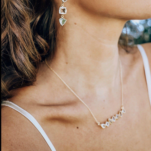 Our Bar Necklace features a row of Green Amethyst stones set in a balanced and bold bar style handmade in sterling silver and 14ct gold plating