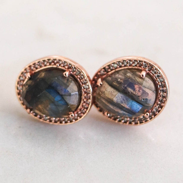 A pair of Labradorite rose cut stones set in a pave halo, handmade in sterling silver and 14 carat rose gold plating -adding a subtle finishing touch to your day or night look