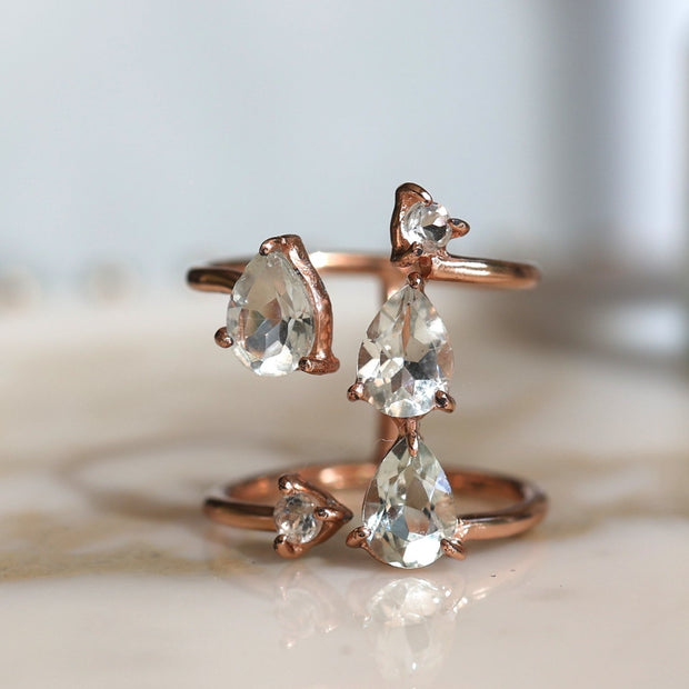 Stunning and unique, our Cascade ring features Green Amethyst semi precious stones set on a double band cuff style setting. Handmade in silver and 14 carat rose gold plating 