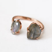 A unique cuff style ring design featuring two beautiful labradorite semi precious gemstones 