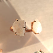 This unique cuff ring features semi precious Rainbow Moonstones set in sterling silver and 14 carat rose gold plating