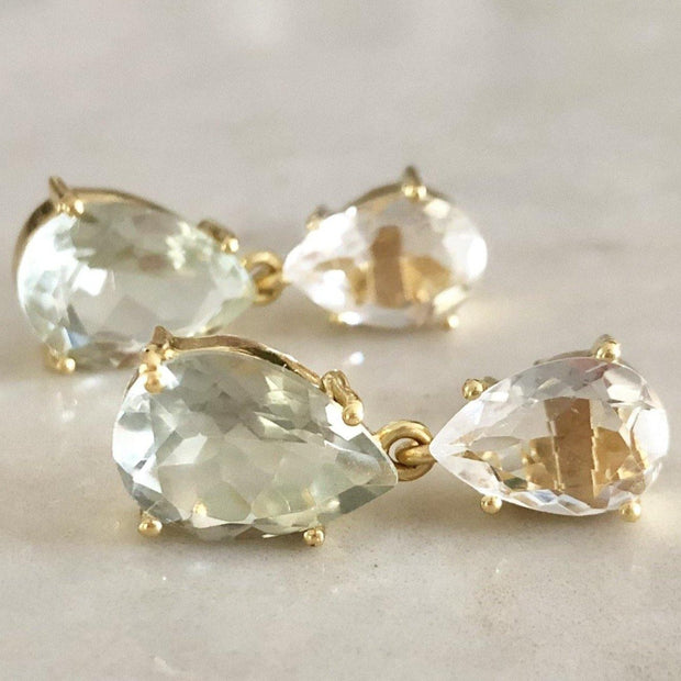 Classic and elegant drop earrings featuring pear shaped Crystal Quartz and Green Amethyst stones - perfect to be worn for special occasions