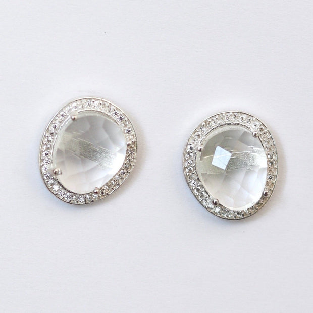 A pair of beautiful rose cut Crystal Quartz stones set in a pave halo and handmade in sterling silver - adding a subtle finishing touch to your day or night look